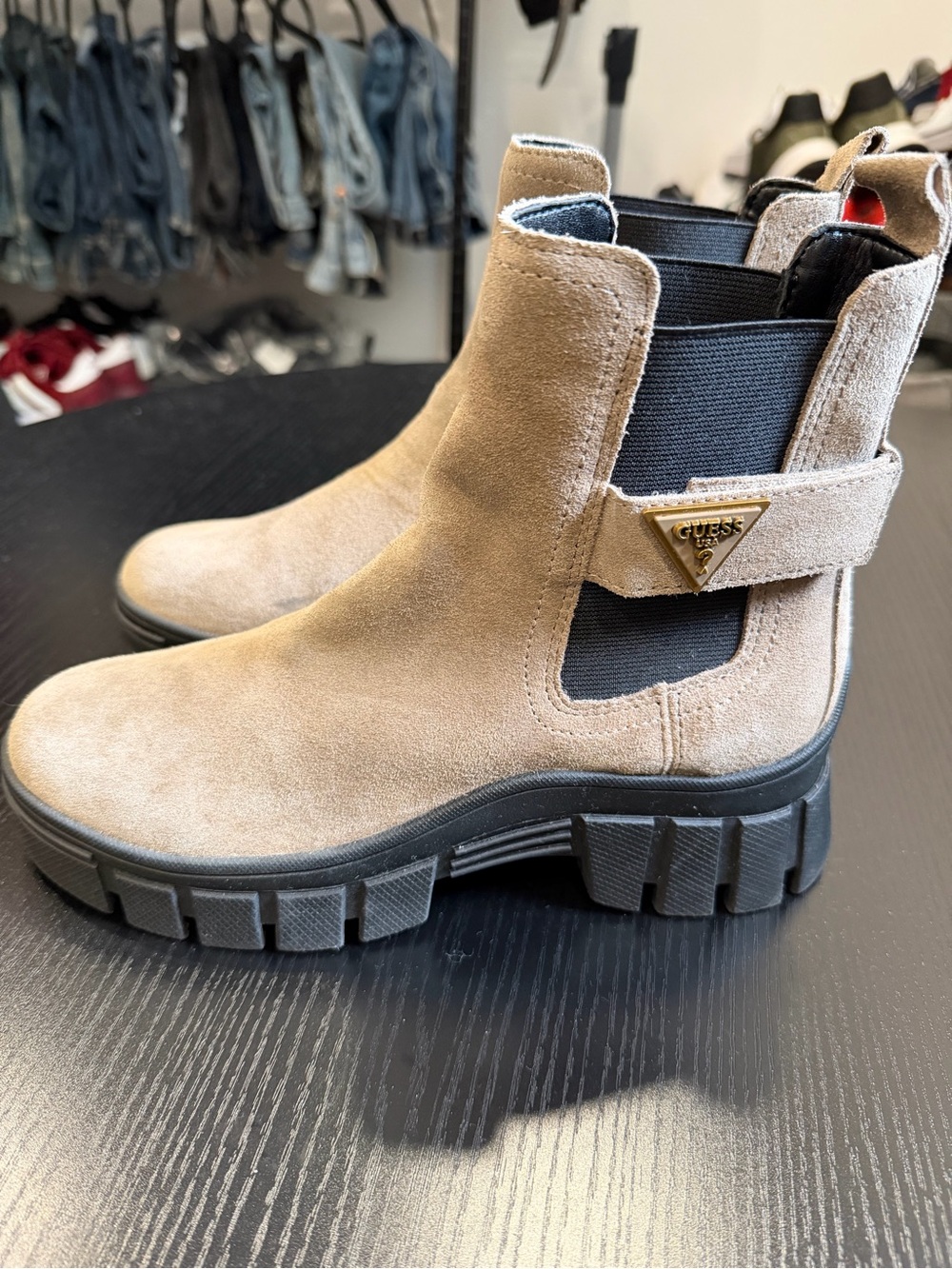GUESS Tan Suede Chelsea Lug Booties with Black Elastic